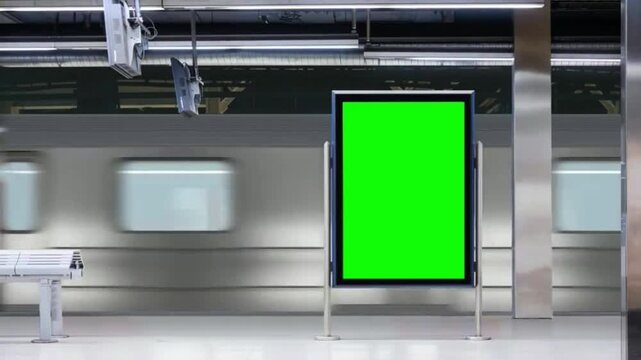 Blank Billboard with Green Screen on Subway Station Platform with Fast Moving Train"