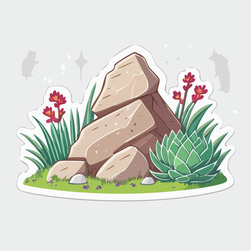 Stylized Rock Formation with Succulent and Red Flowers