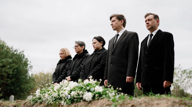 Mourners in black stand at a graveside funeral with white flowers in an outdoor cemetery.