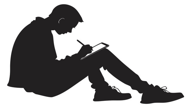 Young man silhouette sitting on floor focused on digital tablet stylus in hand creating art or working remotely casual clothing and sneakers isolated on white background