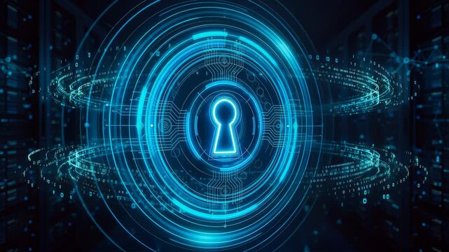 Cyber security HUD interface with neon keyhole loop background