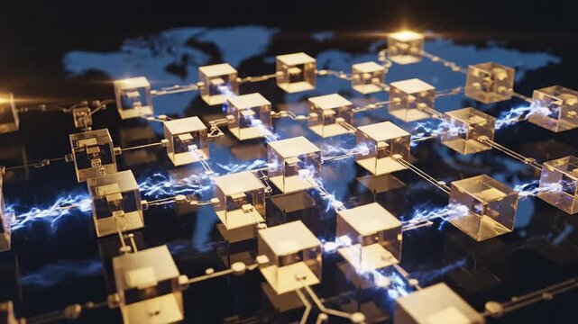 Cinematic 4K blockchain network with glowing data cubes and electric connections over a dark world map