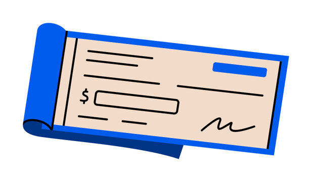 Hand drawn illustration of open checkbook. Flat vector blank paper cheque for money transaction sticker doodle. Budget planning or financial management icon. Personal accounting. Isolated.