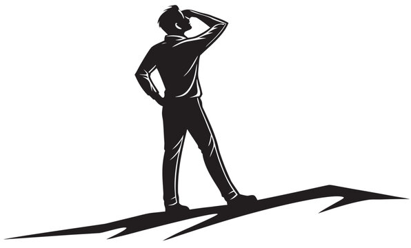 Man's silhouette gazing into the distance searching for opportunities and future success standing confidently with a long shadow stretching forward symbolizing ambition and vision