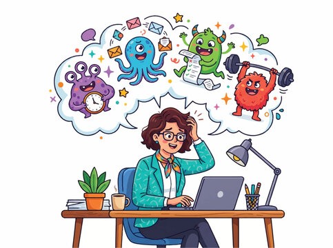 A cartoon woman sitting at a desk with a laptop and various office supplies, looking stressed with thought bubbles of colorful monsters above her head, conveying a playful and chaotic mood.