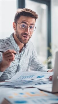 Smiling businessman wearing glasses and checkered shirt sitting at desk with spreadsheets, pen and laptop computer.