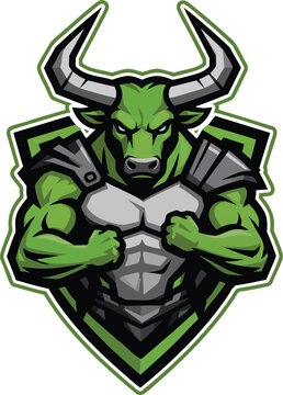 Dynamic bull warrior esports logo, athletic bull mascot, chest-up flex pose, angular horn structure, orange gray white color palette, thick black outlines
