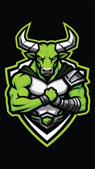 Fototapeta premium Dynamic bull warrior esports logo, athletic bull mascot, chest-up flex pose, angular horn structure, orange gray white color palette, thick black outlines