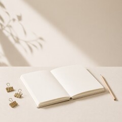 Fototapeta premium Minimalist Open Blank Notebook with Pencil and Binder Clips