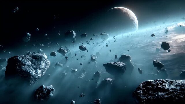 Space universe exploration, fantasy, mysterious. A vivid, atmospheric depiction of a celestial scene. The main subject is a large, illuminated moon, casting a soft glow over a vast expanse of water.