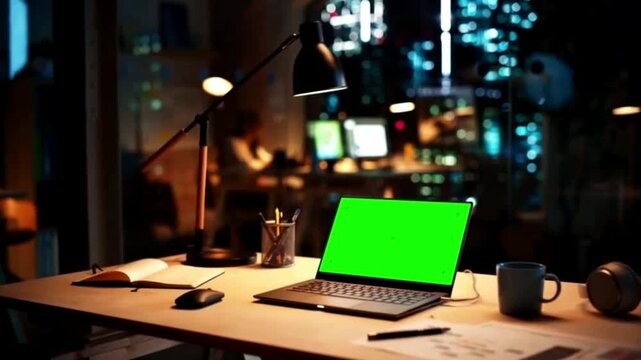 Laptop with Green Screen Mockup on Office Desk at Night - Urban City Bokeh Background