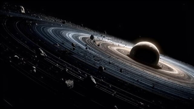 Space universe exploration, fantasy, mysterious. A detailed, highresolution digital artwork depicts a celestial scene. A large, spherical planet, likely Saturn, is the central subject.