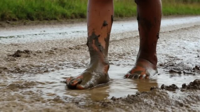 Tracking shot of bare child's feet walking through muddy puddle on rural dirt road