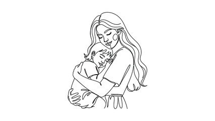 Obraz premium Minimalist Line Art Drawing of a Loving Mother Embracing Her Child.
