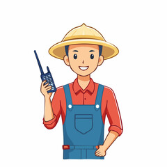 Obraz premium Cartoon Farmer Holding a Walkie-Talkie