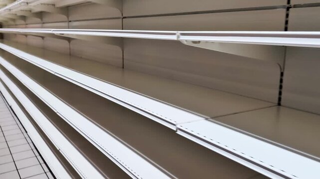 Empty supermarket shelves showing gradual depletion of stock in a retail environment, highlighting the absence of products and organized shelving units in a commercial space