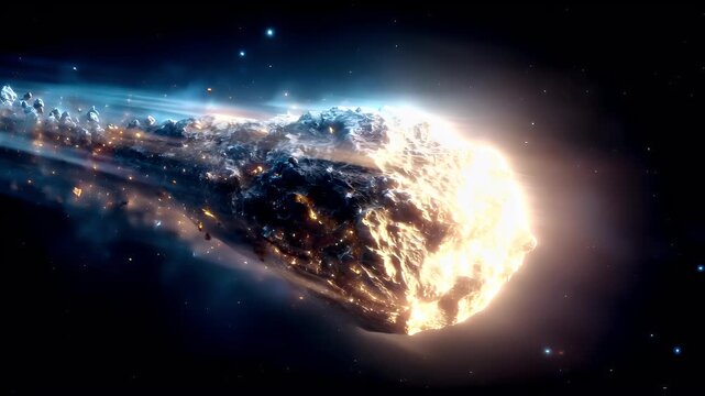 Space universe exploration, fantasy, mysterious. A vivid, highresolution digital artwork depicts a celestial scene. A large, detailed asteroid is the main subject.