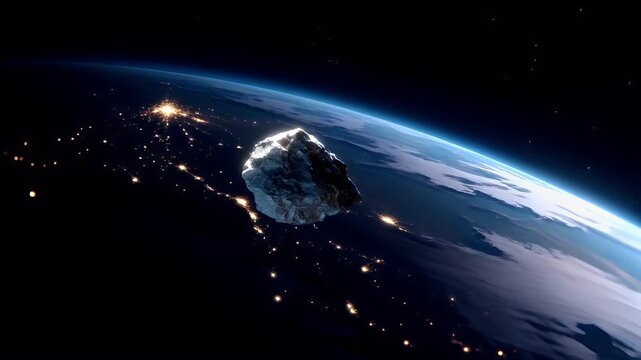 Space universe exploration, fantasy, mysterious. A vivid, realistic depiction of an asteroid in outer space. The large, jagged rock is the main subject.