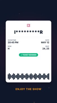 Movie ticket card with ticket booked in cinema app interface