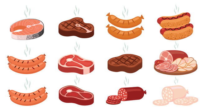 Grilled Meat Icon Set with Various Cuts including Sausages, Steaks, and Ham for Websites, Apps, and Digital Media Designs
