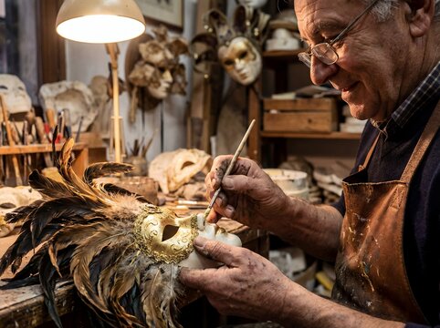 carnival mask artisan workshop craft culture heritage closeup with maker painting ornate face covering among feathers and tools suggesting handmade festival decor tradition and creative retail