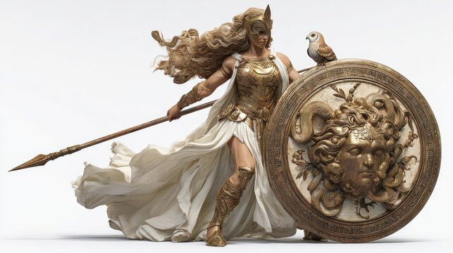 Greek mythology god Athena. Fantasy. A detailed sculpture depicts a female warrior in a dynamic pose, wielding a spear and shield.
