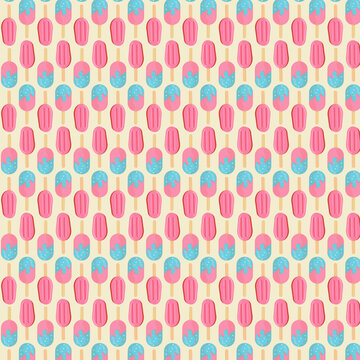Seamless pattern with yellow popsicle ice cream in a playful doodle style. Bright summer illustration on a clean background, featuring simple hand drawn frozen treats with a modern minimal aesthetic. 