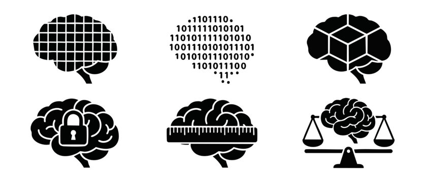 Brain Concept Icons Set, Artificial Intelligence and Cognitive Process Symbols for Technology and Business Infographics, Vector Black Silhouettes on White Background for Data Analysis and Mental Healt