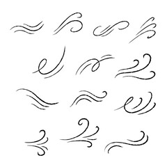 Fototapeta premium Wind doodle set, hand drawn breeze swirl line art collection. Air flow motion, storm weather curve brush stroke kit. Wind doodle element.