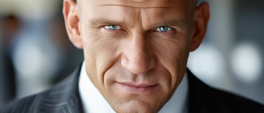 Intense Gaze Portrait: A confident and determined man with a focused stare conveys strength and ambition. The image captures the essence of leadership and resolve.