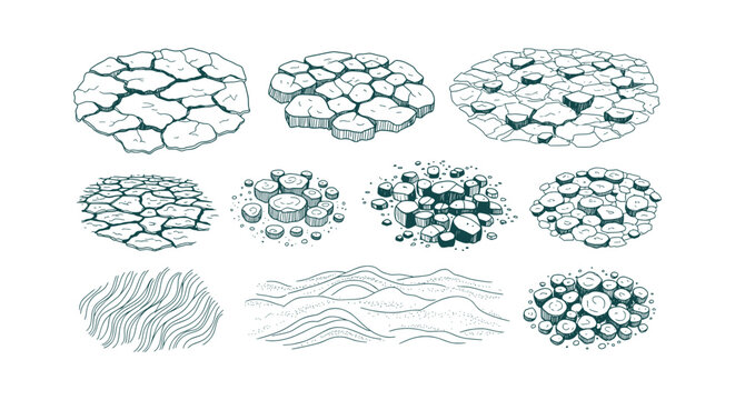Hand-drawn set of dry earth textures, cracked ground and desert landscape elements in line art style.