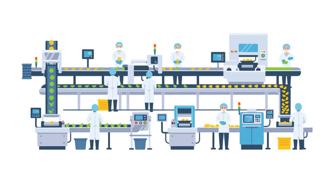 Professional workers wearing sterile white coats and hairnets operate automated food processing machinery along a multi-level conveyor assembly line system.