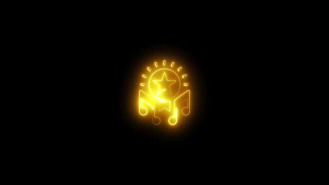 Glowing Yellow Star Music Symbol Neon Sign Animation Black Background