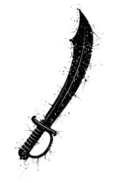 A black sword with a curved blade and a handle on a white background with paint splatters around it, symbolizing power and strength