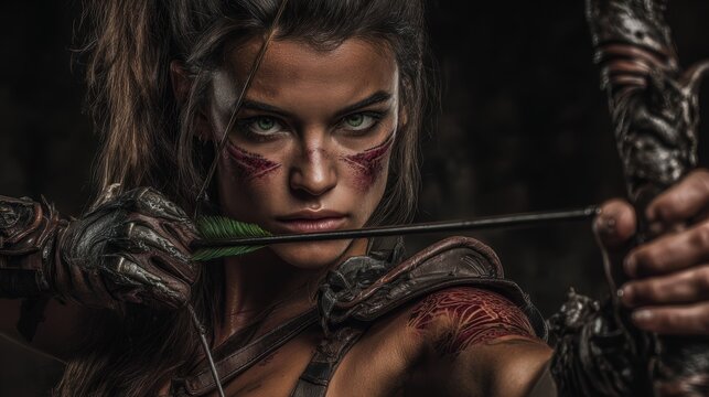 Fantasy wallpaper. A detailed, dramatic portrayal of a female warrior in a combat stance. She wields a quiver of arrows in her right hand and a bow in her left.