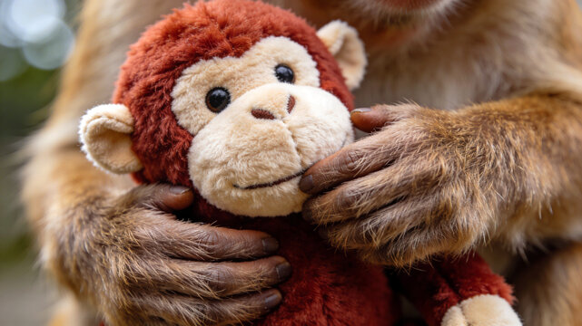 A mother monkey gently cradles her adorable plush toy monkey, showing affection and care