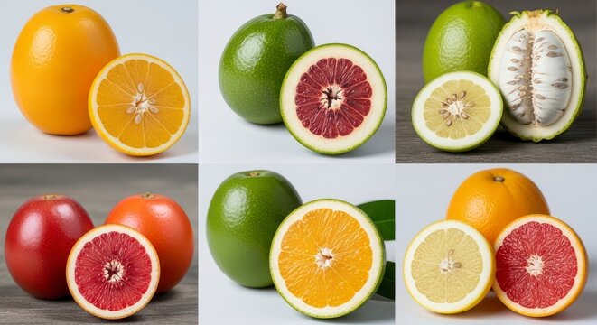 A collage of various citrus fruits including oranges and pomelos whole and sliced on a white background