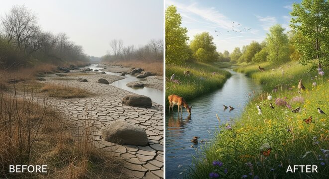 Before and after comparison of a dried riverbed transforming into a vibrant ecosystem