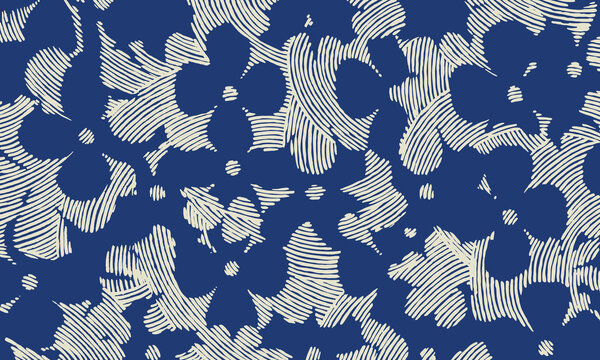 Hand drawn Japanese inspired abstract floral pattern with engraved line petals, bold high-contrast blue and cream palette, seamless repeat design for textile, wallpaper and print