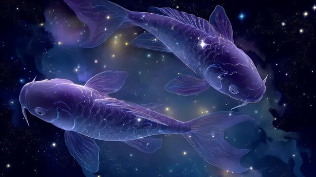 Space universe exploration, fantasy, mysterious. A vivid digital artwork depicts two koi fish swimming in a deep space filled with stars and nebulae. The koi are intricately detailed.