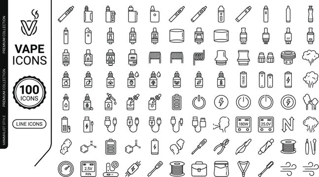 Collection of 100 minimalist vape icons in monoline style for design and branding purposes