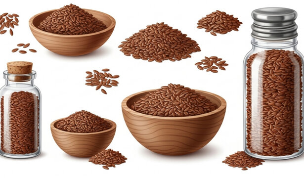 Flax seeds in bowls and jars realistic healthy food vector illustration isolated on white background