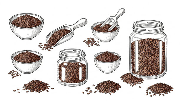 Hand drawn flax seeds and flaxseed containers organic food vector illustration isolated on white background