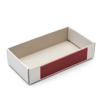 Empty matchbox open white and red for striking matches isolated on white background.