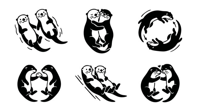 Cute Otter Icon Set Vector Illustration, Minimalist Black and White Sea Otter Collection Featuring Hugging, Swimming, and Loving Poses for Animal Logo Design and Wildlife Conservation Graphics Project