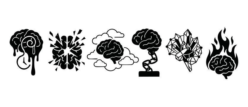 Brain Concept Icon Set, Human Mental Health and Cognitive Symbols, Creative Mind Psychology Graphic Elements, Metaphorical Abstract Black Silhouettes for Thinking, Intelligence and Ideas Collection.
