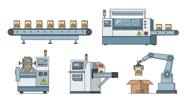 Collection of industrial automated packaging machinery, featuring conveyor systems, sealing machines, robotic arms, and product bagging operations in a clean factory setting.