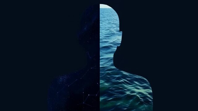 Half Profile Filled With Seascape And Stars. Silhouette Blend Of Ocean Waves And Starfield Background