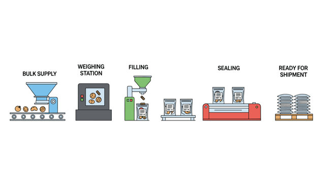 Automated food packaging line showing bulk supply, weighing, filling, sealing, and ready for shipment stages with clear visual icons against a white background.
