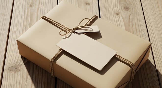 Brown kraft paper wrapped gift parcel with twine string and large blank tag sitting on rustic wooden deck floor boards under bright natural sunlight.